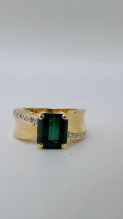 Step Cut Dark Green Tourmaline and Diamond Accents, 14 Karat Yellow Gold, 2.4ct