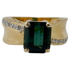 Step Cut Dark Green Tourmaline and Diamond Accents, 14 Karat Yellow Gold, 2.4ct