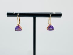 Trillion-Cut Amethysts, 1.72ctw, 14 Karat Yellow Gold Small Hoop Drop Earrings