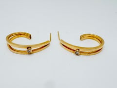 14 Karat Yellow Gold Elongated Double Bar Hoop Earrings with Diamond Accents