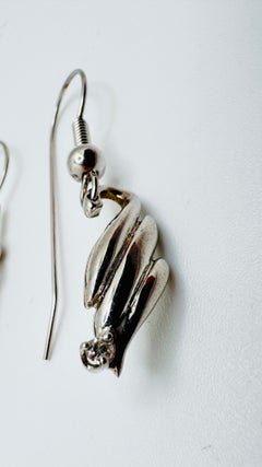 14 Karat White Gold Dangle Free Form Swan Earrings, 0.06ctw, 2.70 Grams