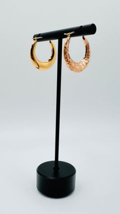 14 Karat Yellow and Rose Gold Flat Hollow Hoop Earrings, Duo Textured, 2.6 Grams