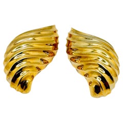 14 Karat Yellow Gold Large Scallop Twist Omega Post Backing Earrings, 21.2 Grams