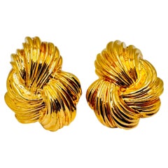 14 Karat Yellow Gold Scallop Cluster French Clip Earrings, 25.70 Grams