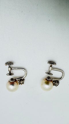 Pendientes vintage de oro blanco de 14 quilates con perlas de agua dulce y diamantes, con cierre de tornillo