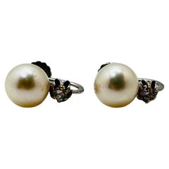 14 Karat White Gold Vintage Screw Back Freshwater Pearl and Diamond Earrings