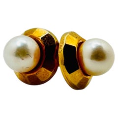 14 Karat Yellow Gold Geometric Dome Pearl Stud Earrings