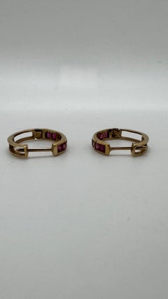 14 Karat Yellow Gold Huggie Hoop Earrings, Ruby and Single-Cut Diamond Channel