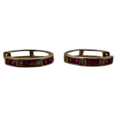 14 Karat Yellow Gold Huggie Hoop Earrings, Ruby and Single-Cut Diamond Channel