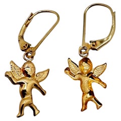 14 Karat Yellow Gold Leverback Dangle Angel Baby Earrings, 1.2 Grams