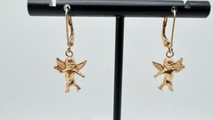 14 Karat Yellow Gold Leverback Dangle Angel Baby Earrings, 1.2 Grams