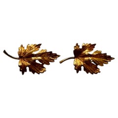 14 Karat Yellow Gold Hand Carved Maple Leaf Earrings, Omega Post Backing