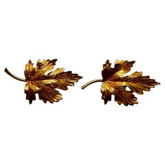 14 Karat Yellow Gold Hand Carved Maple Leaf Earrings, Omega Post Backing