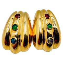 14 Karat Yellow Gold Scallop Stud Earrings with Cabochon Gemstones