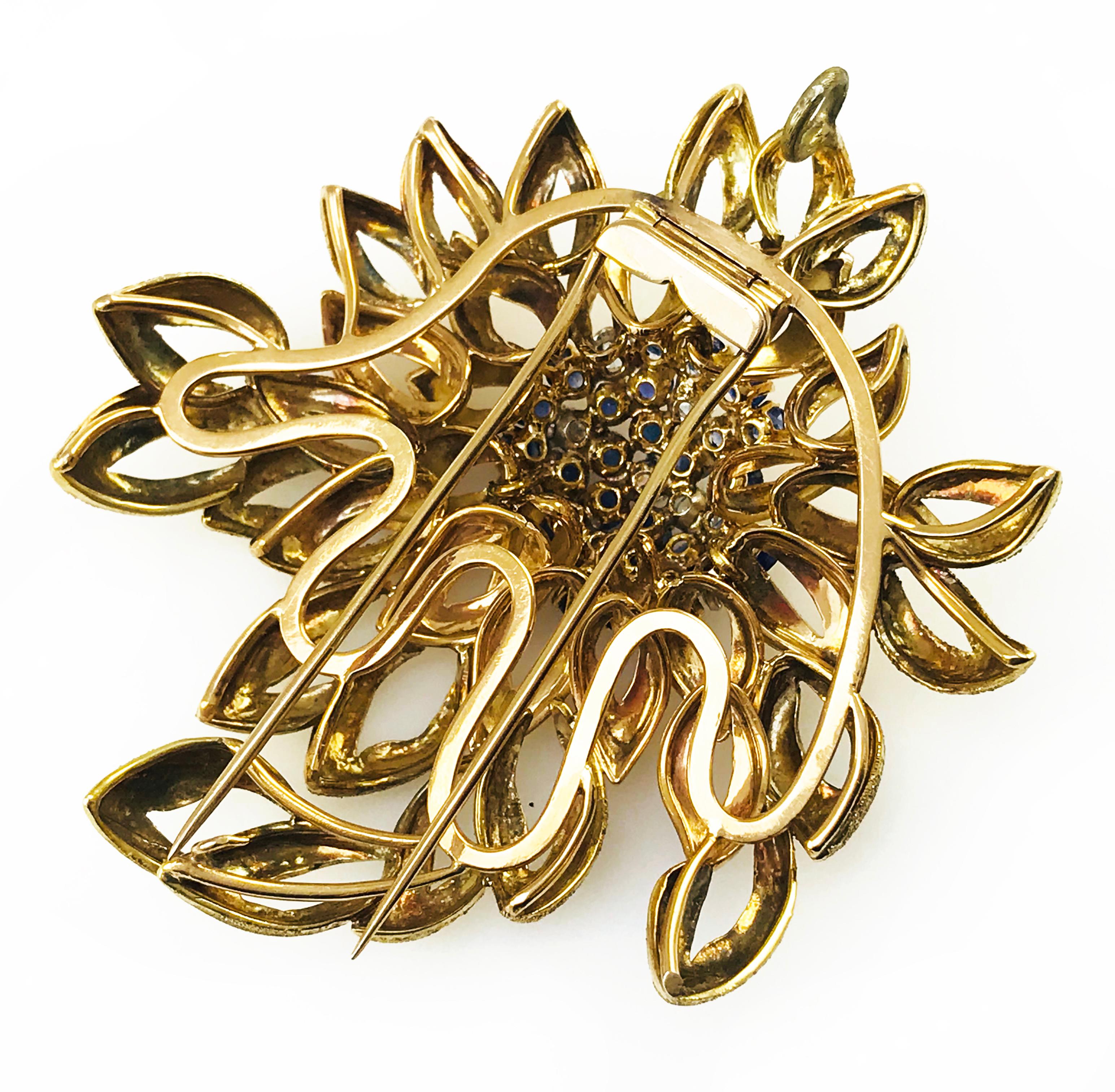 Two-Tone Gold Sapphire Diamond Pendant Brooch, Circa 1920s In Good Condition For Sale In Palm Desert, CA