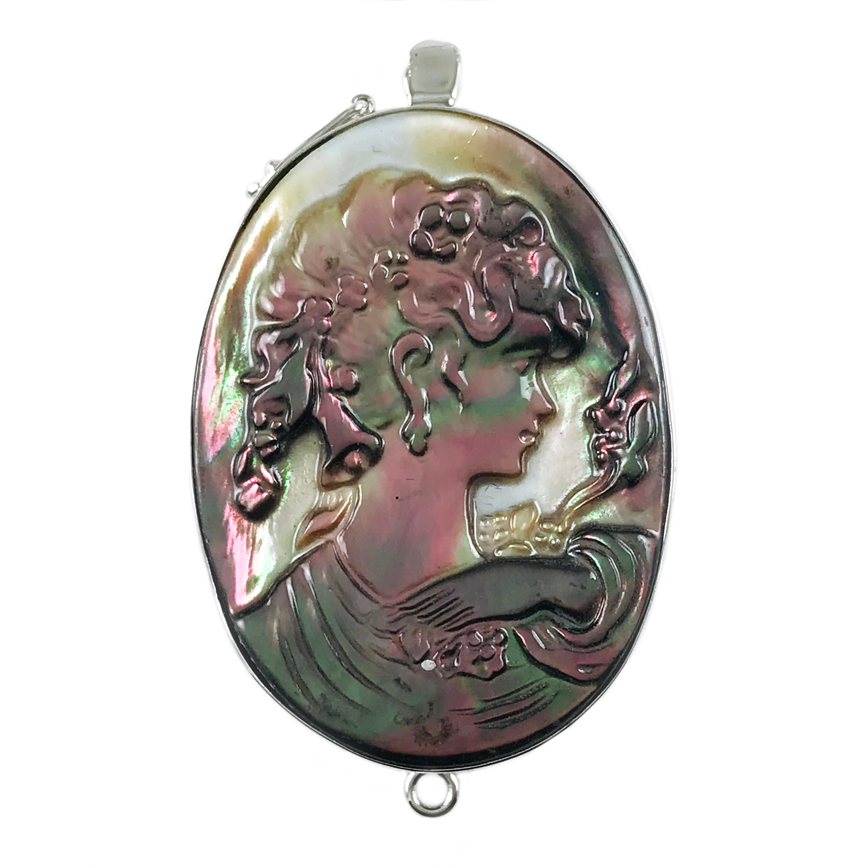 Sterling Silver Black Mother of Pearl Cameo Brooch Pendant For Sale
