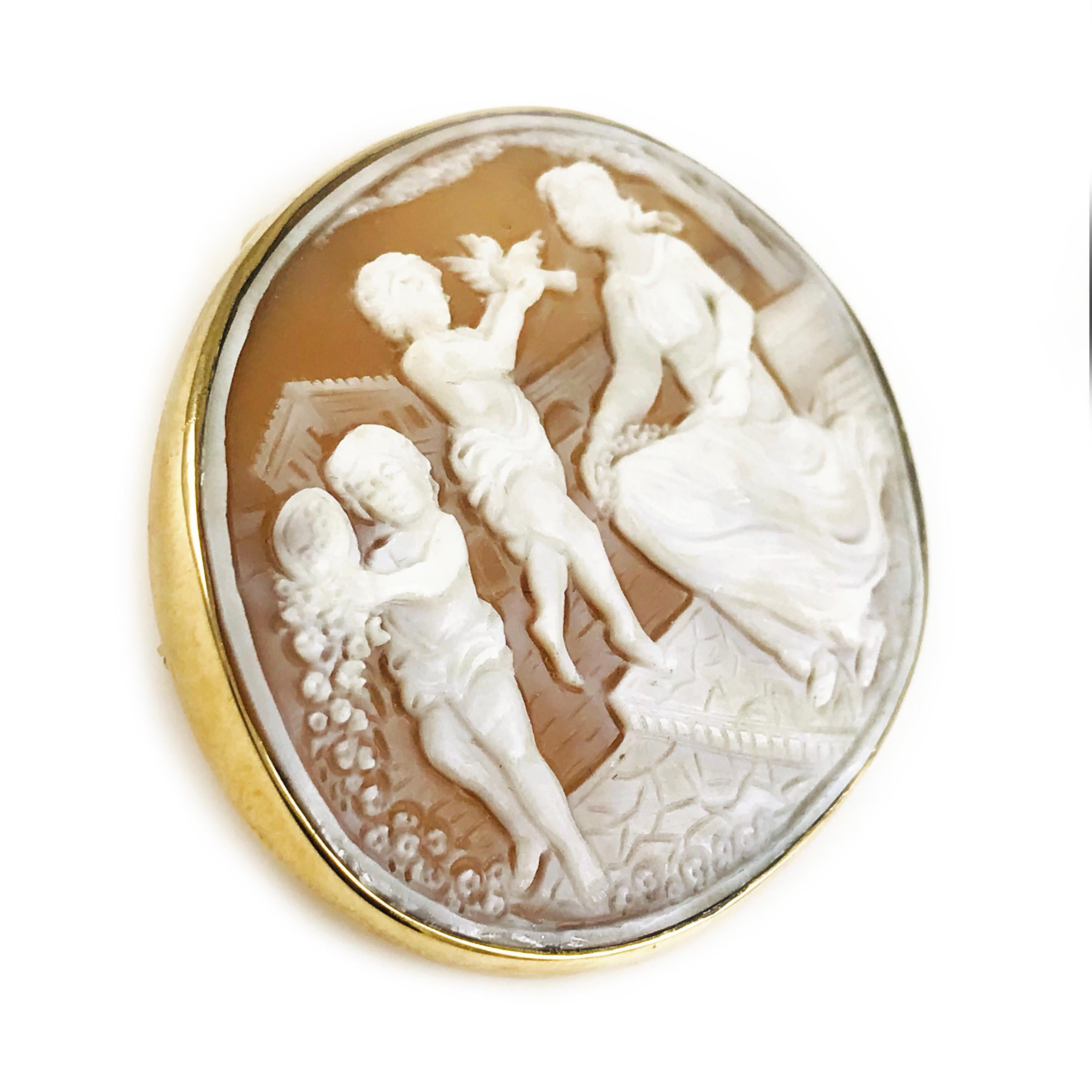 Victorian 14 Karat Gold Shell Cameo Brooch Pendant, Mother and Children For Sale