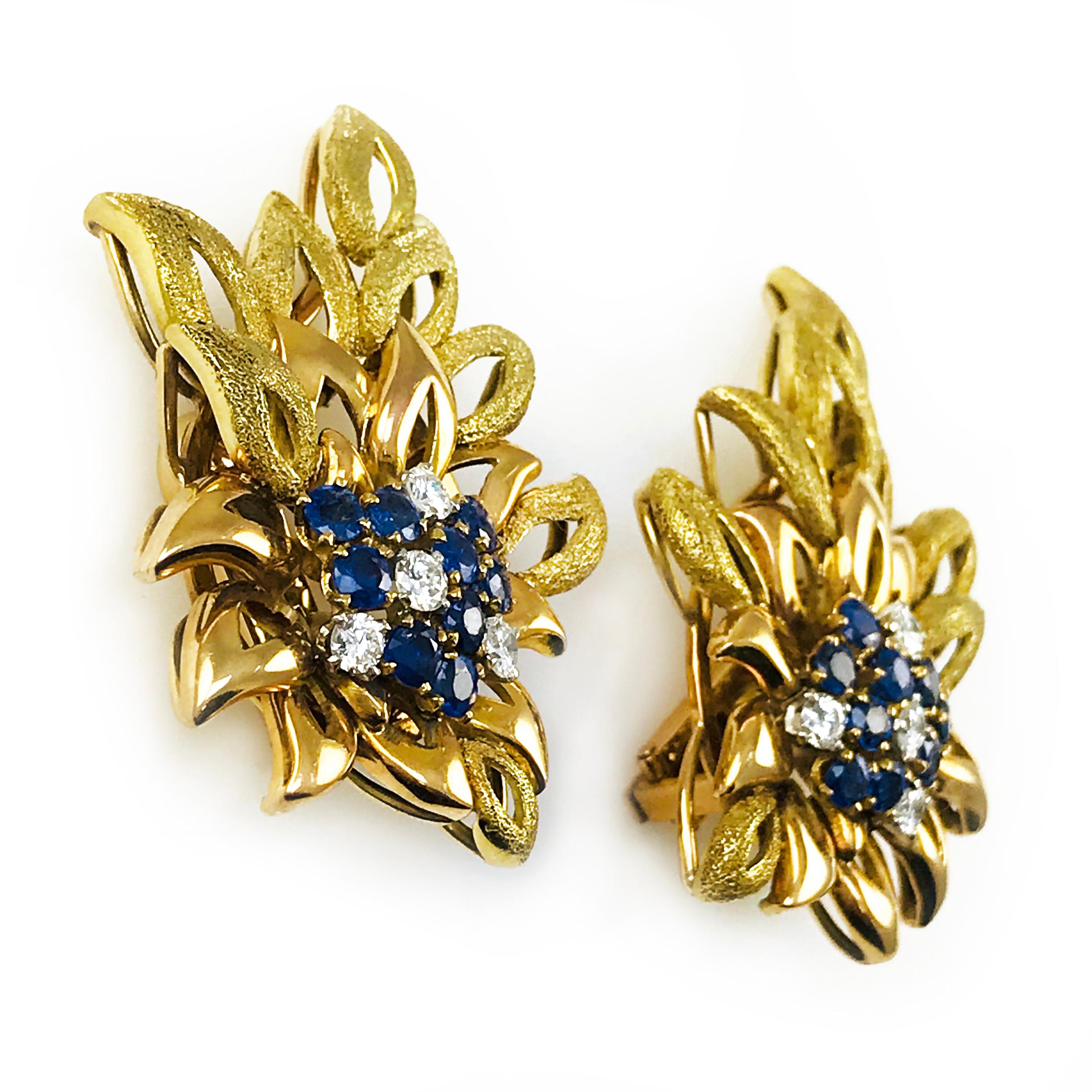 14 Karat Rose and Yellow Gold Flower-Shaped Natural Blue Sapphire Diamond Clip-on Earrings. Four round diamonds and nine-round blue sapphires adorn each of these beautiful earrings. The individual flower petal outlines are smooth closest to the