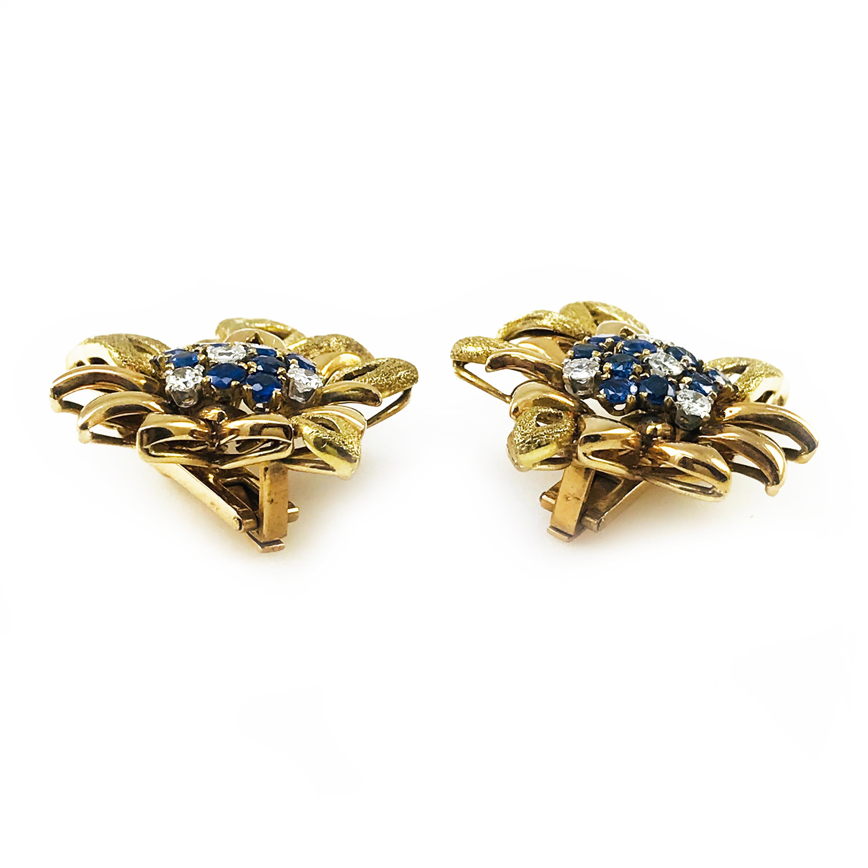 Retro Two-Tone Gold Sapphire Diamond Clip-On Earrings For Sale