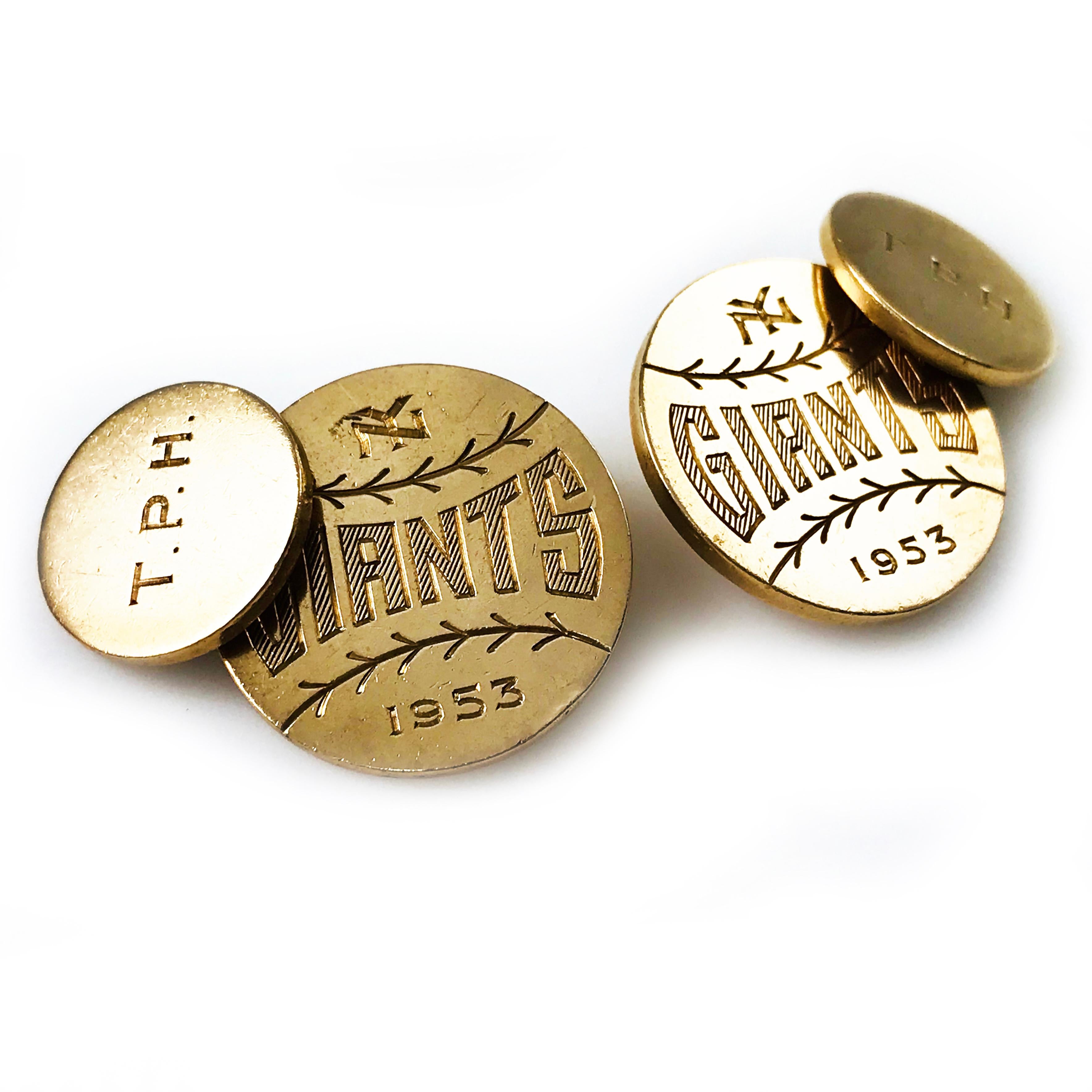 Vintage 14k Gold NY Giants Cufflinks, 1953. Own a piece of sports history with these round 14k gold hand engraved New York Giants cufflinks. 
These fantastic cufflinks were owned and worn by baseball ambassador, Tsuneo P. 