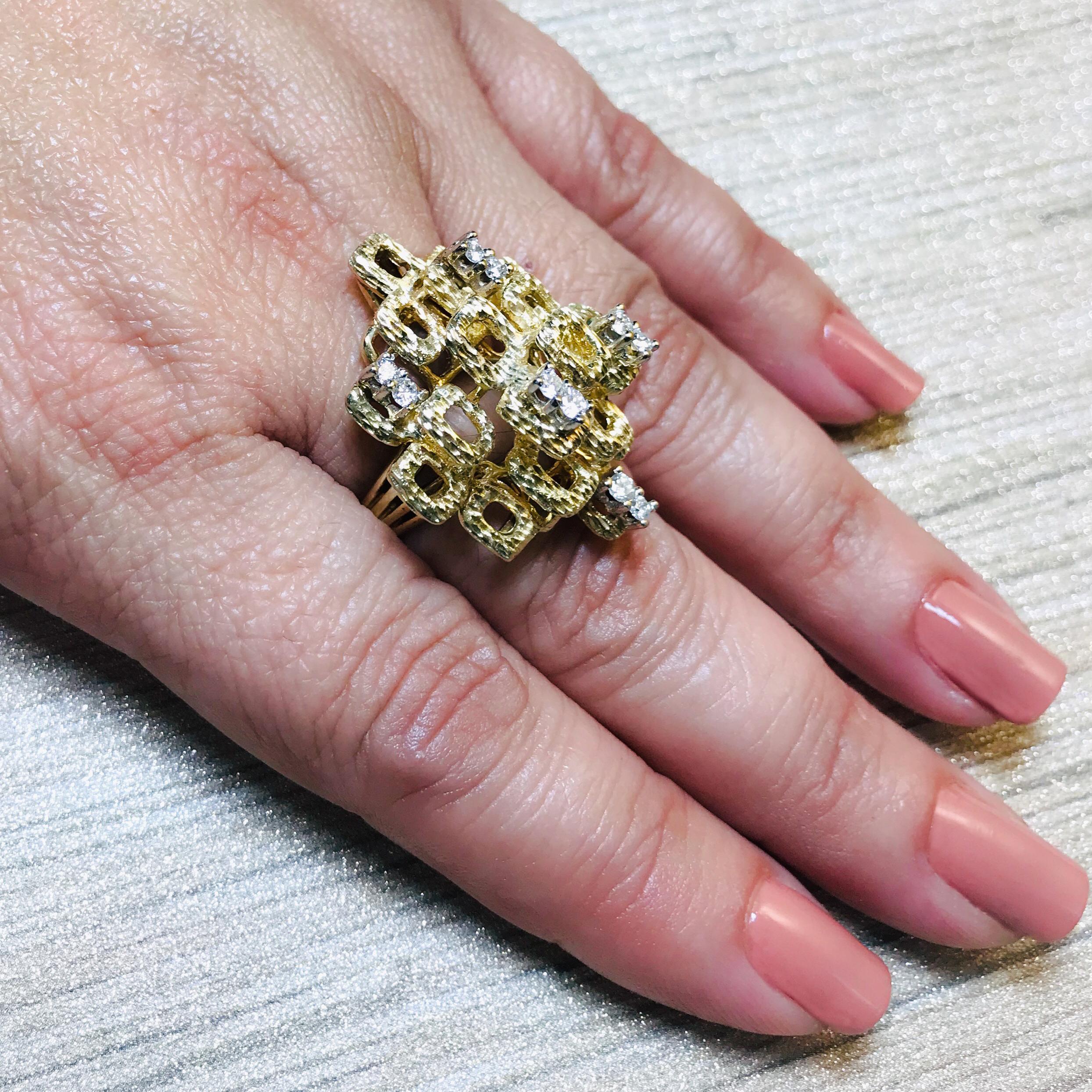 Yellow Textured Gold Diamond Ring, Circa 1980s For Sale 1