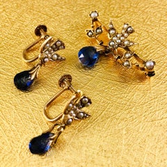 14 Karat Gold Bird Sapphire Seed Pearl Pin and Earring Set