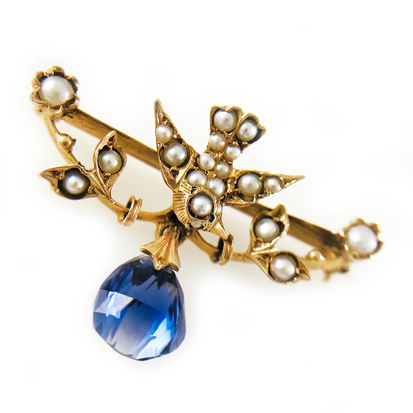 Victorian 14 Karat Gold Bird Sapphire Seed Pearl Pin and Earring Set For Sale