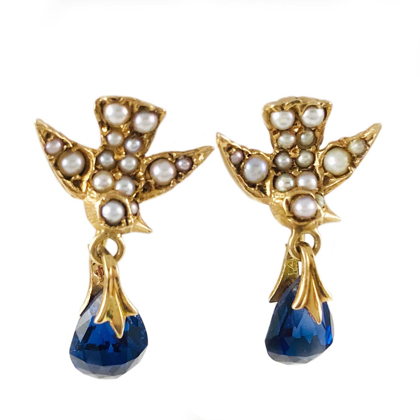 Round Cut 14 Karat Gold Bird Sapphire Seed Pearl Pin and Earring Set For Sale