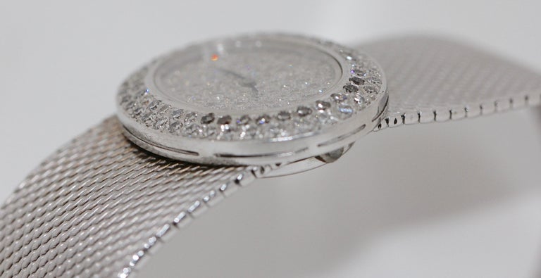 Round Cut Wide and Heavy Ladies Diamond Wristwatch, 14 Karat White Gold For Sale