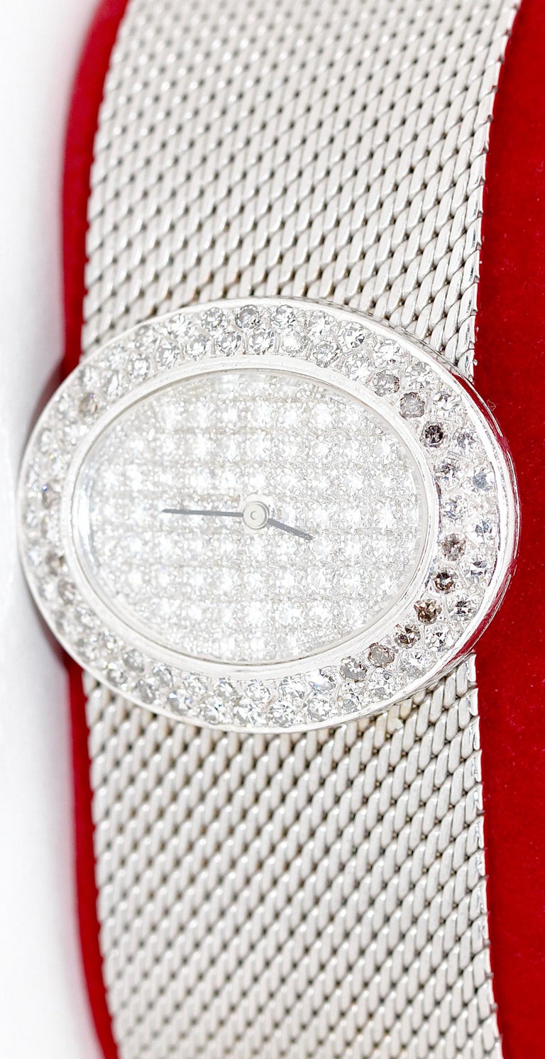 Women's Wide and Heavy Ladies Diamond Wristwatch, 14 Karat White Gold For Sale