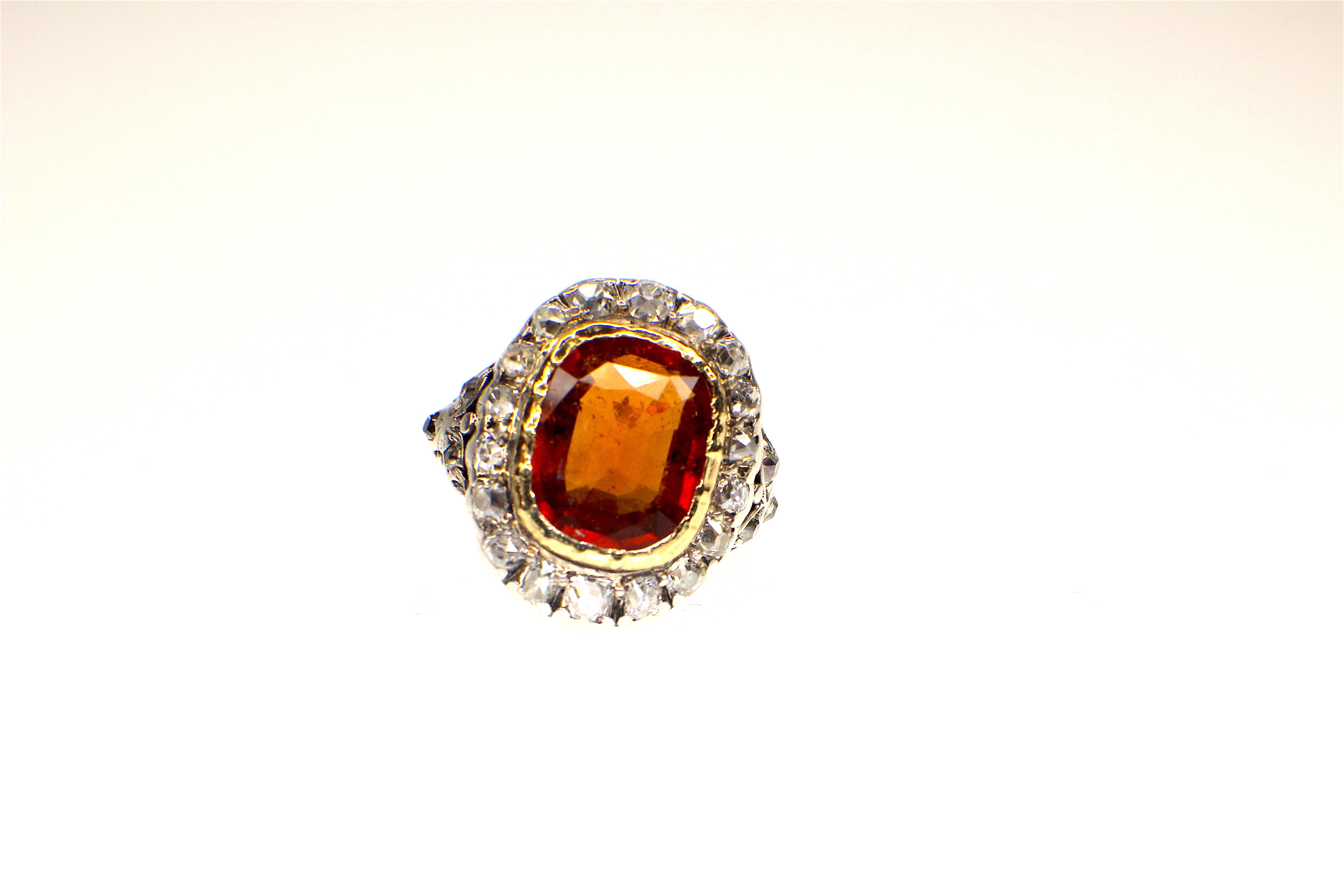Victorian GEMOLITHOS Antique Mandarin-Spessartite Granet & Diamond Ring, Mid-19th Century