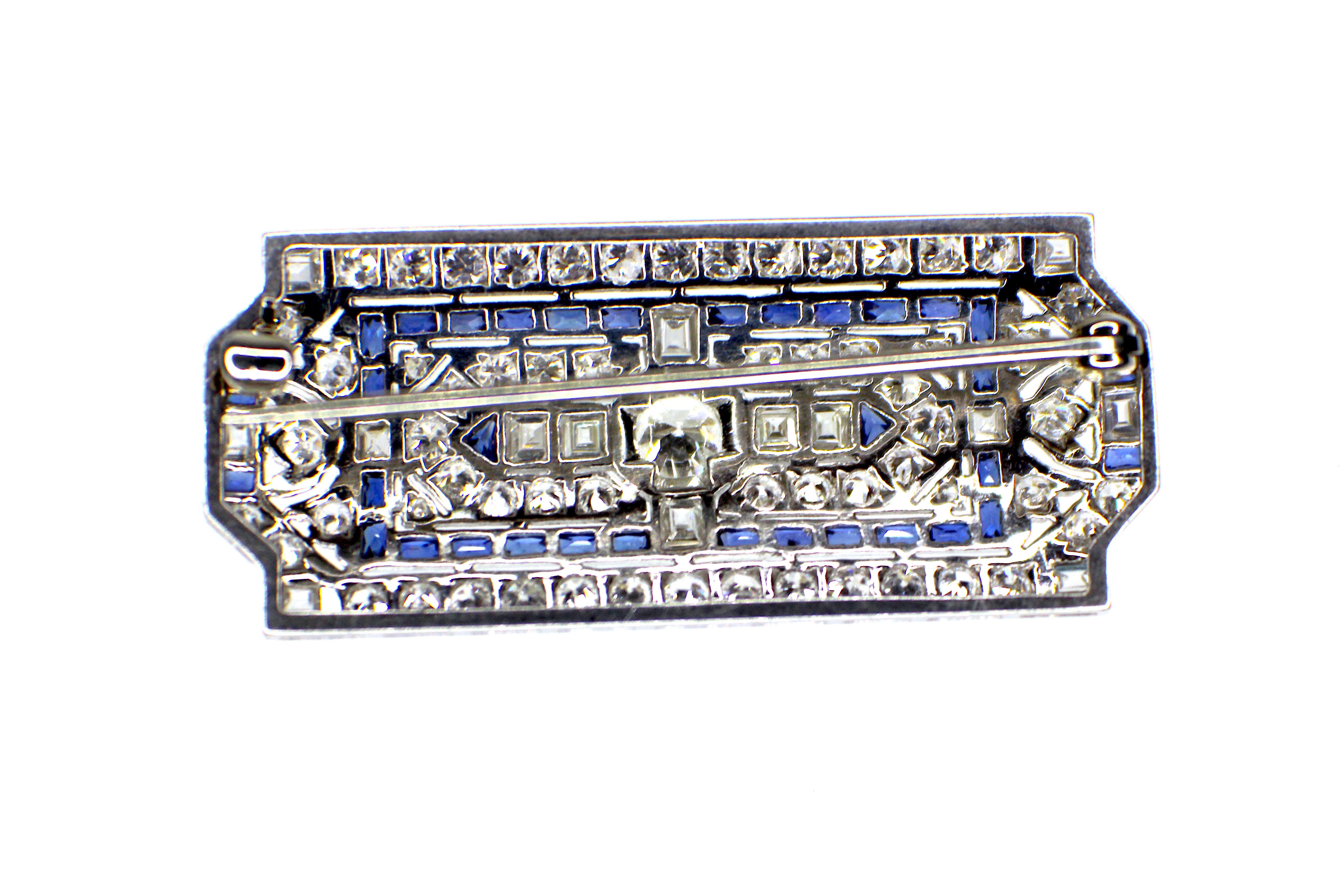 Art Deco Sapphire & DIamond Brooch , circa 5-6ct of diamonds, bright white F-H/VVS-Si,   1920s