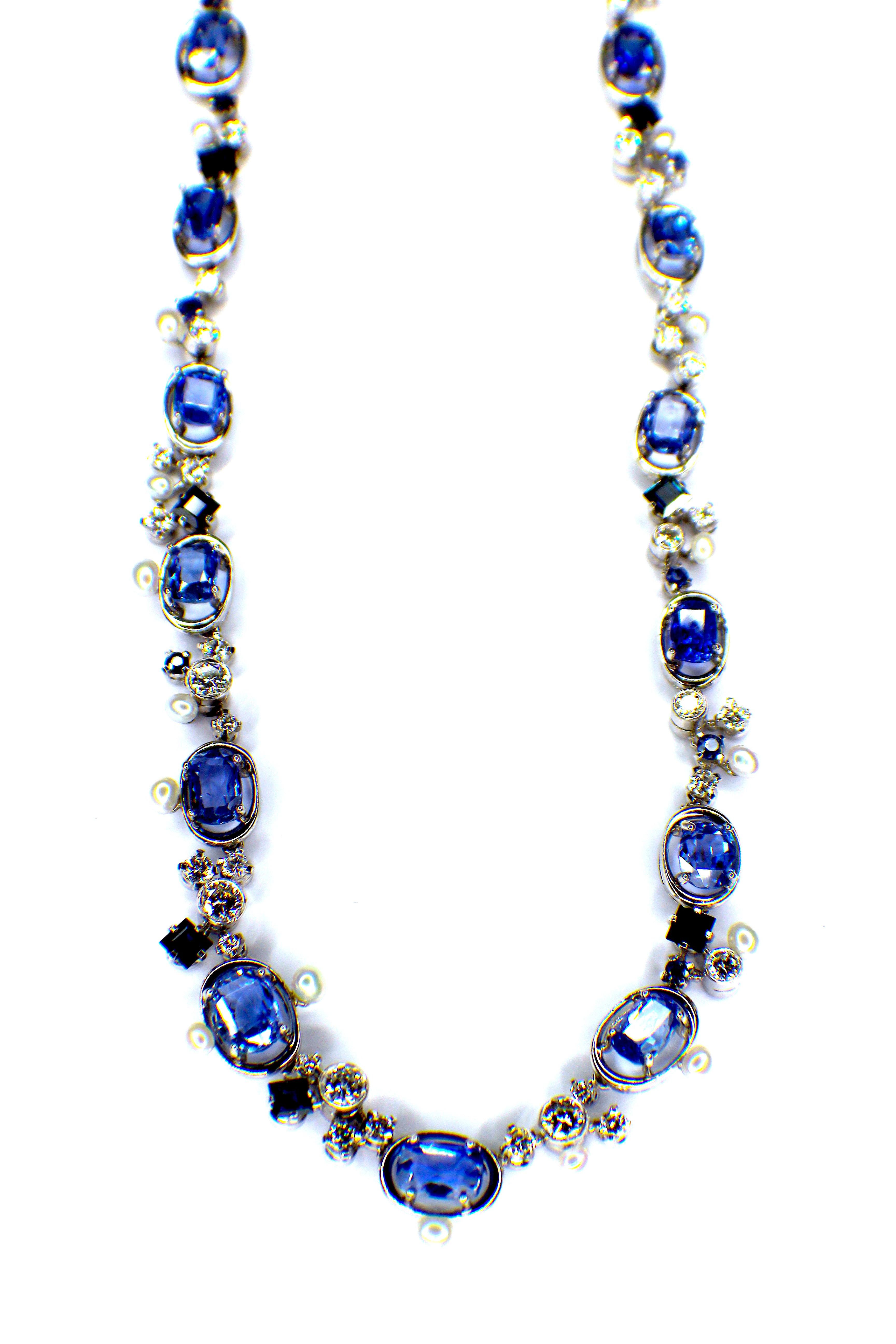 Modern GEMOLITHOS Sapphire, Diamond and Pearl Necklace, 1960s