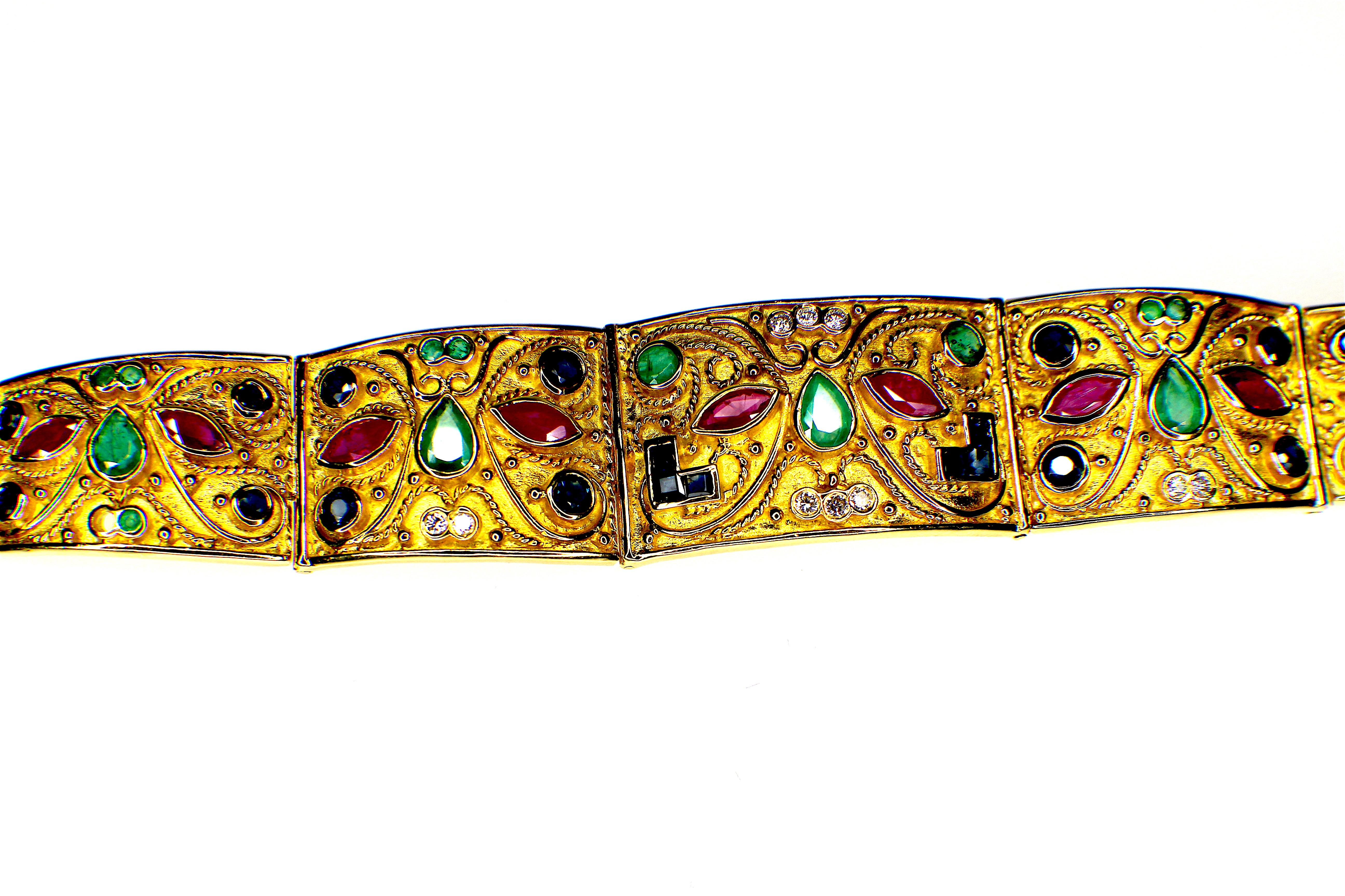 Round Cut GEMOLITHOS Byzantine Style, Handcrafted, Gem Set Bracelet, 1980s For Sale