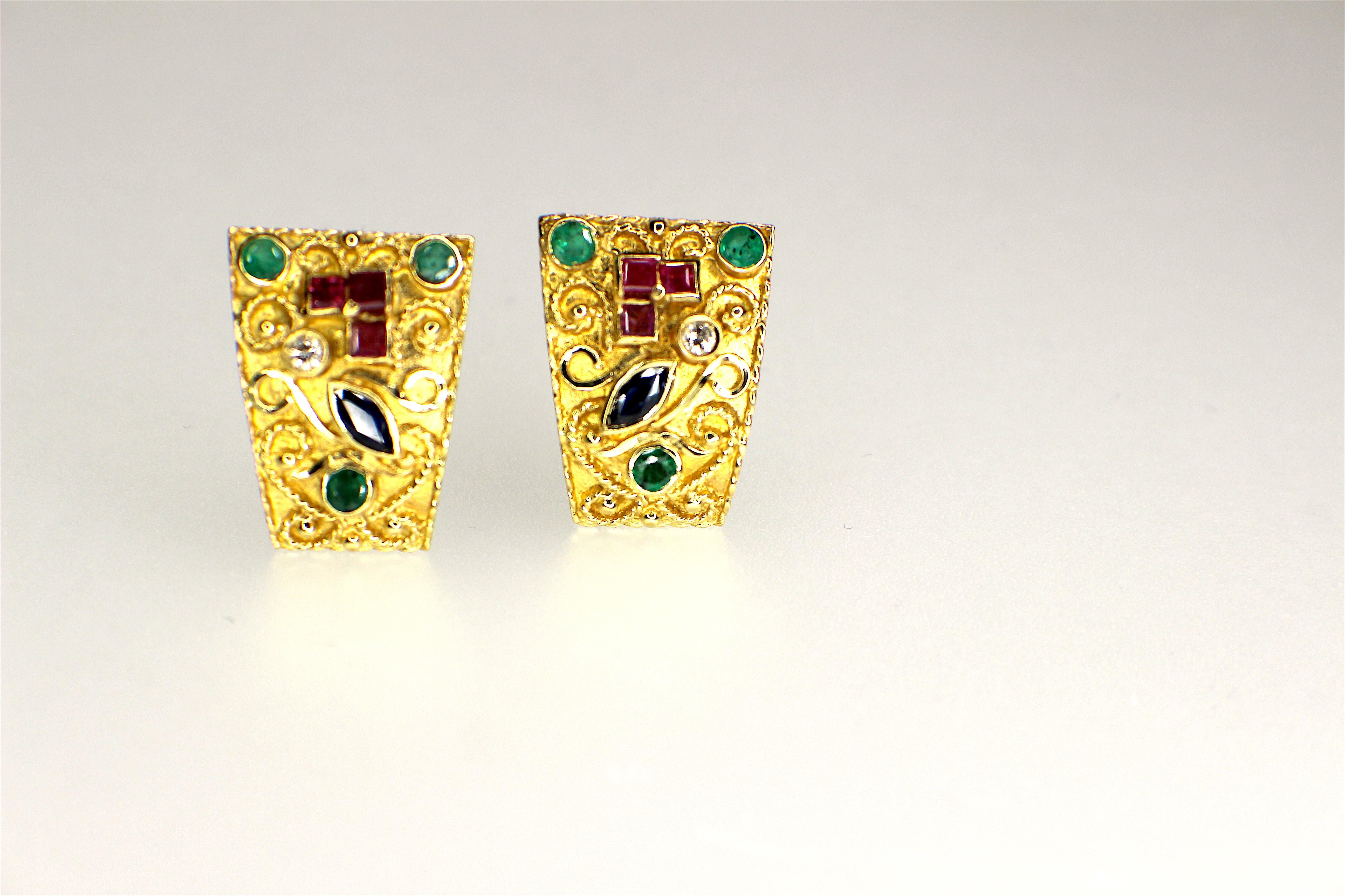 Round Cut GEMOLITHOS Byzantine Style, Handcrafted, Gem Set Earrings, 1970s-1980s