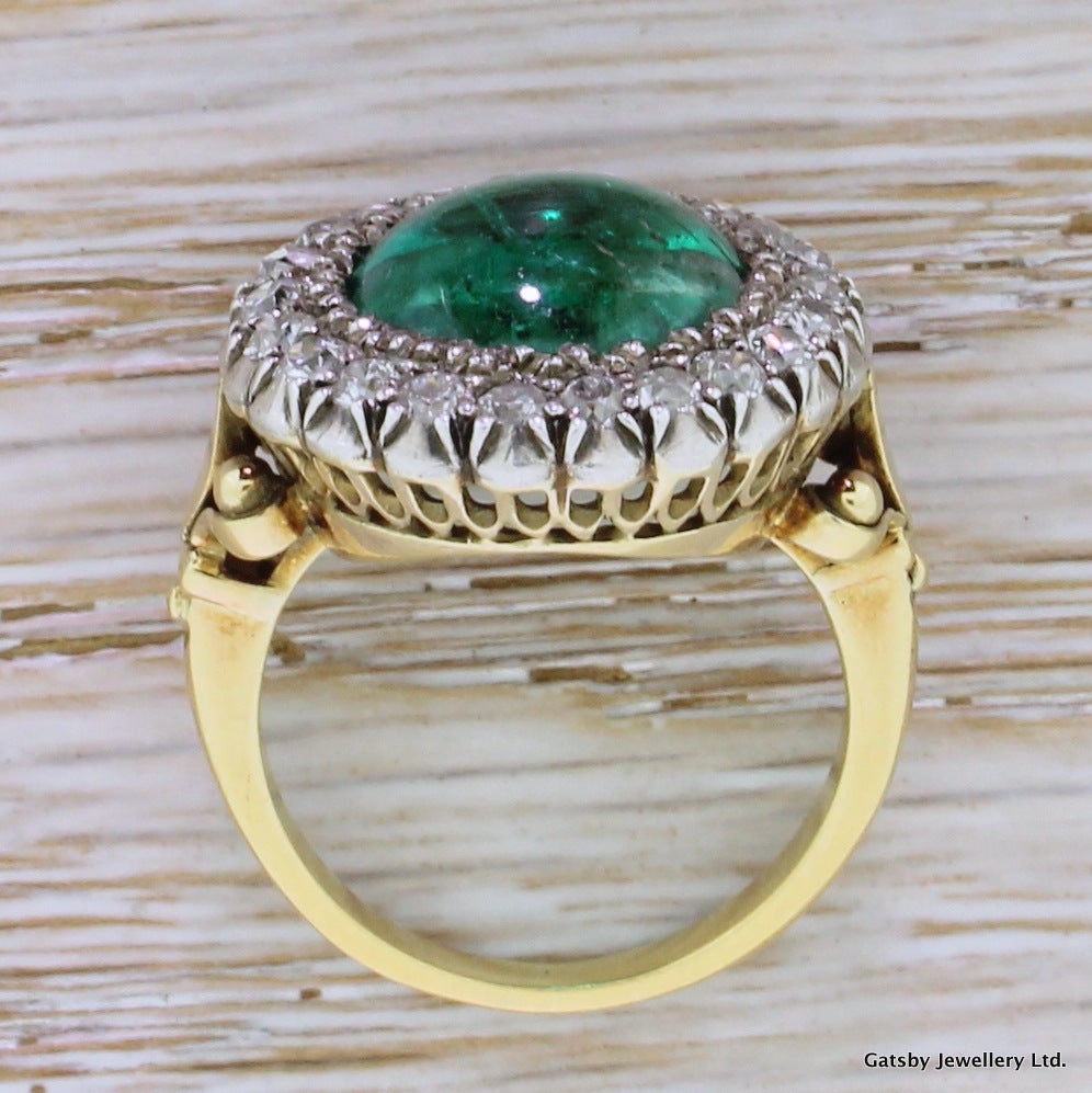 Magnificent 5.69 Carat Cabochon Emerald Old Cut Diamond Silver Gold Ring In Good Condition In Theydon Bois, Essex