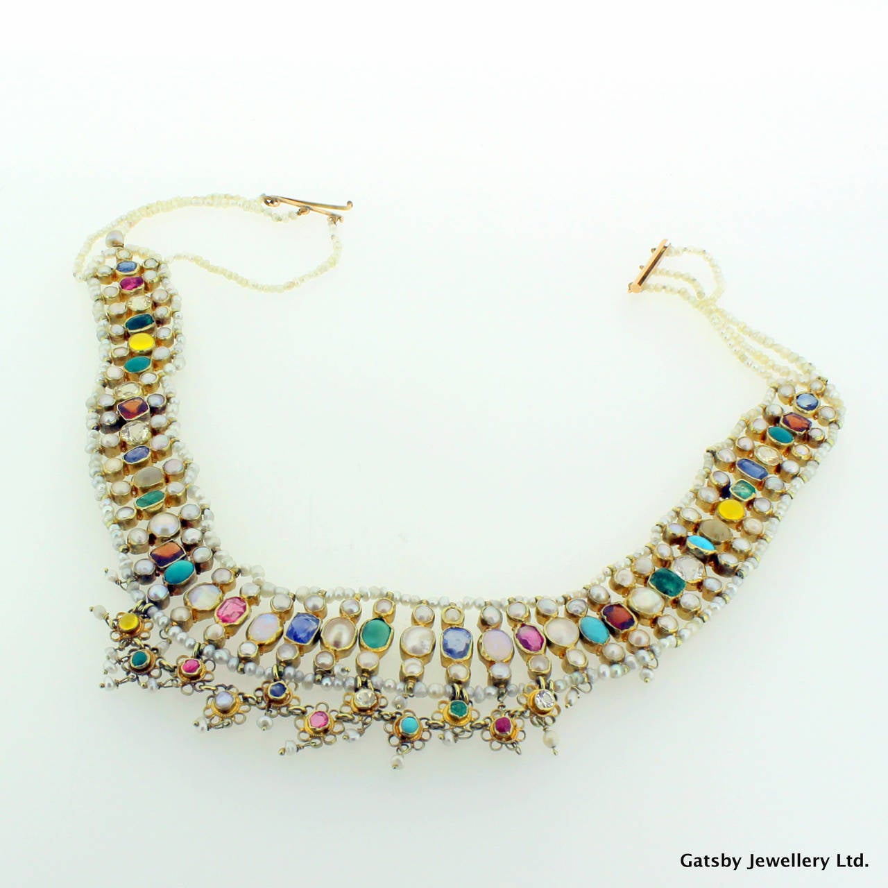 Women's Natural Pearl Multi Gemstone Three Row Choker Necklace