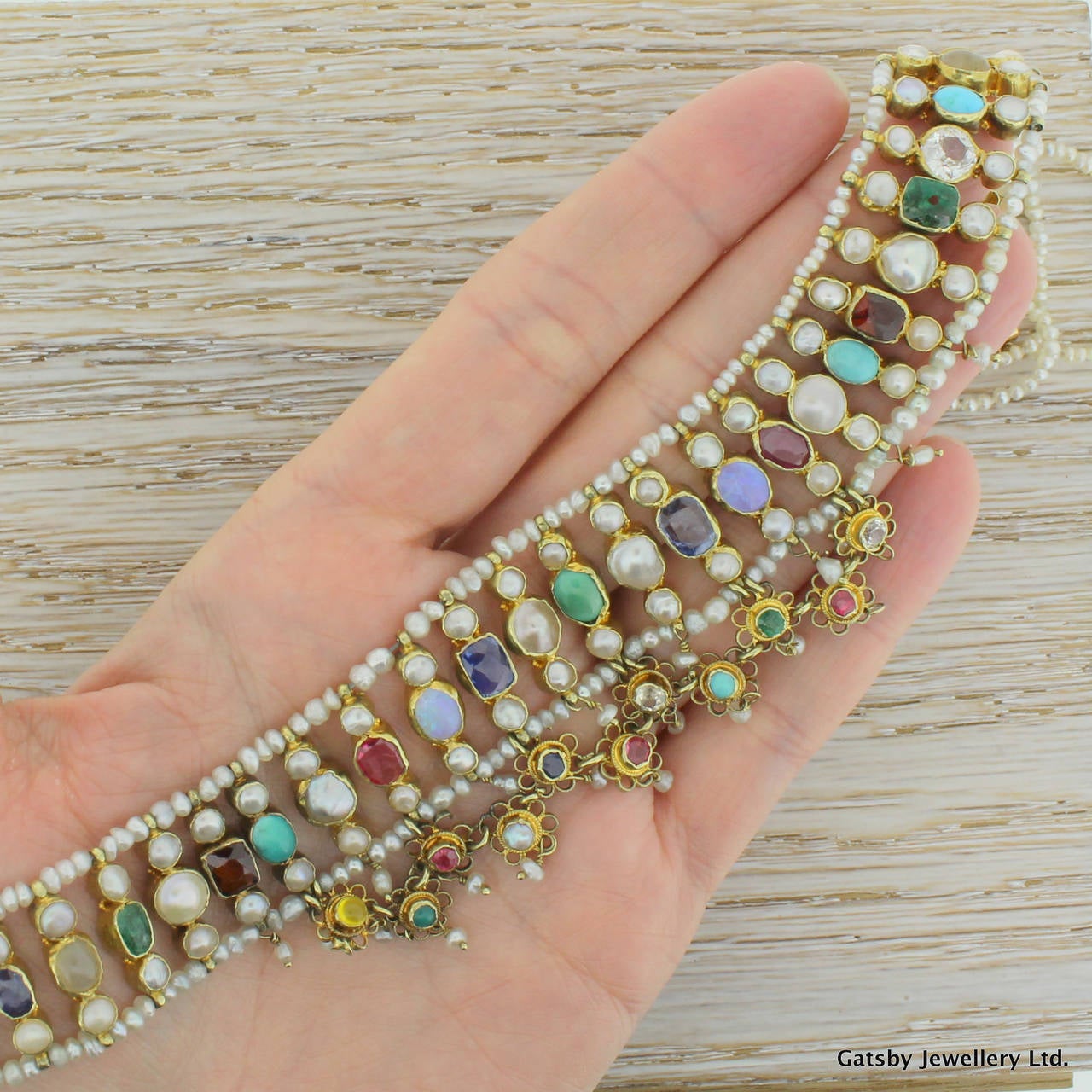Natural Pearl Multi Gemstone Three Row Choker Necklace 2