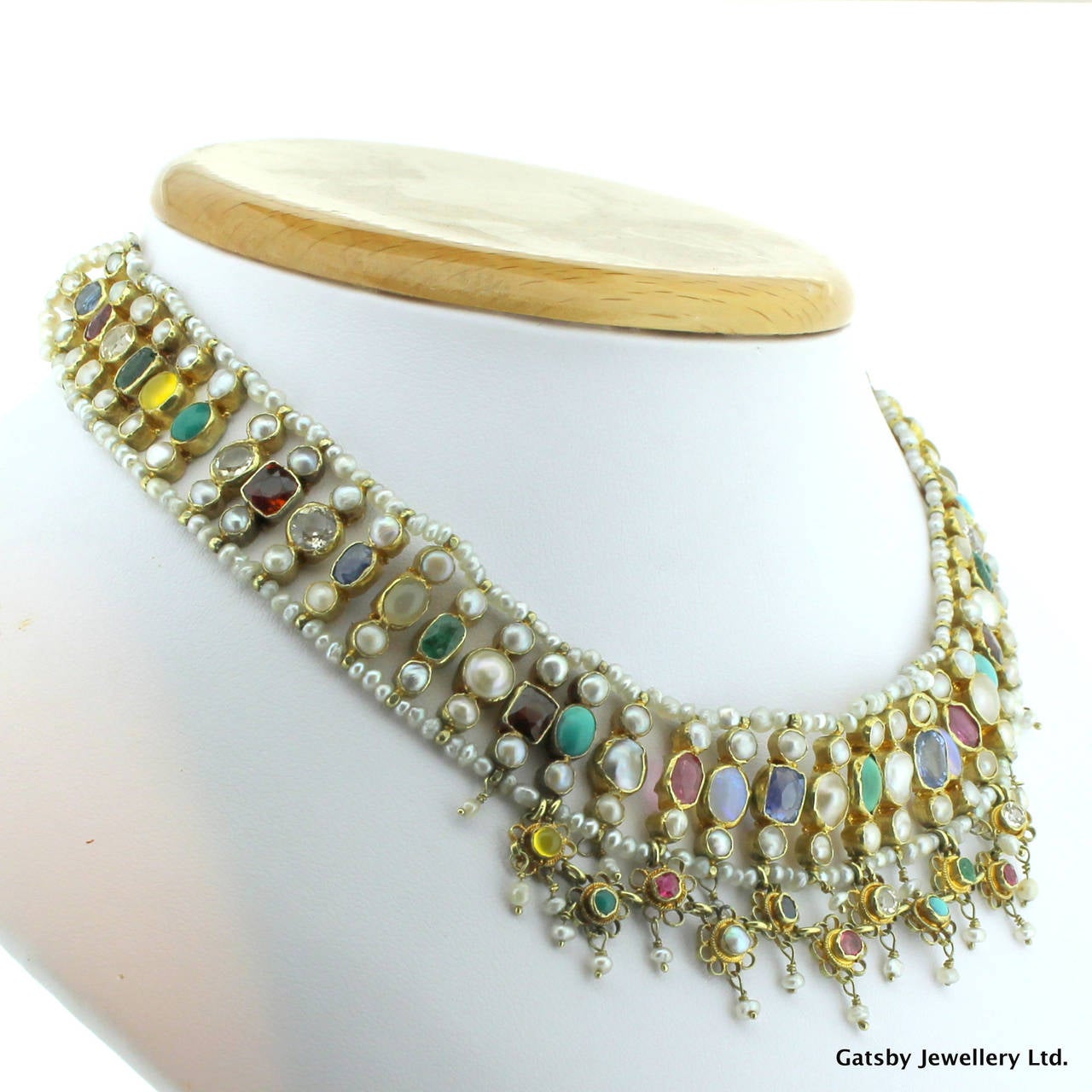 Victorian Natural Pearl Multi Gemstone Three Row Choker Necklace