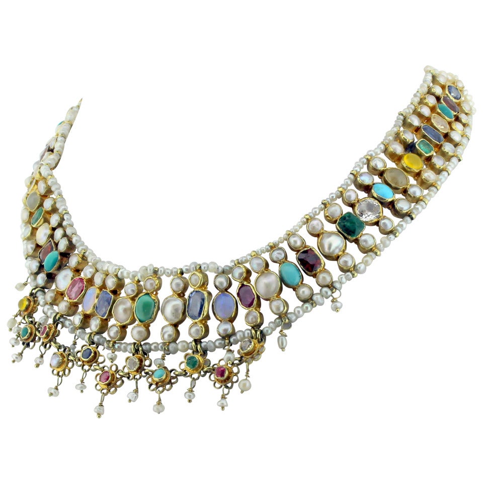 Natural Pearl Multi Gemstone Three Row Choker Necklace