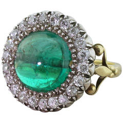 Magnificent 5.69 Carat Cabochon Emerald Old Cut Diamond Silver Gold Ring