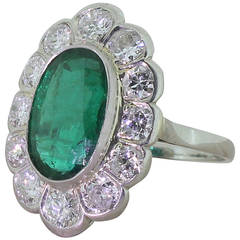 Vintage Classic 3.00 Carat Emerald Diamond Gold Platinum Oval Cluster Ring