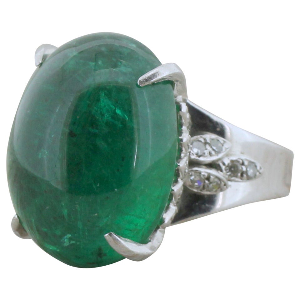 Mid Century 23.50 Carat Cabochon Zambian Emerald Gold Ring