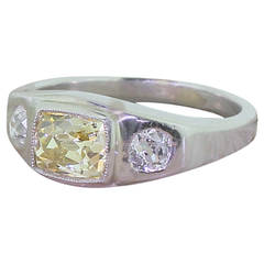Art Deco 1.11 Carat Natural Fancy Yellow Old Cut Diamond Platinum Trilogy Ring
