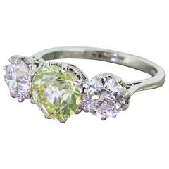 3.54 Carat Fancy Old Cut Green Yellow Diamond Platinum Trilogy Ring