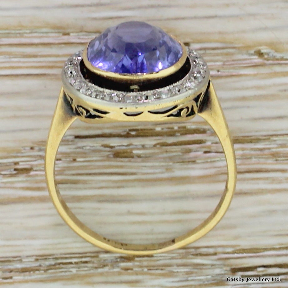 Early 20th Century 8.80 Carat Ceylon Sapphire Old Cut Diamond Gold Ring In Excellent Condition In Theydon Bois, Essex