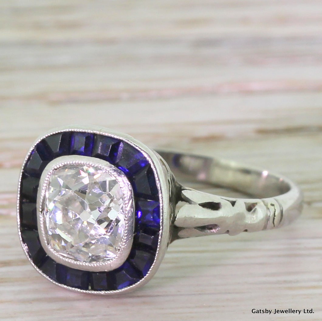 1.50 Carat Old Cushion Cut Diamond Sapphire Ring 2