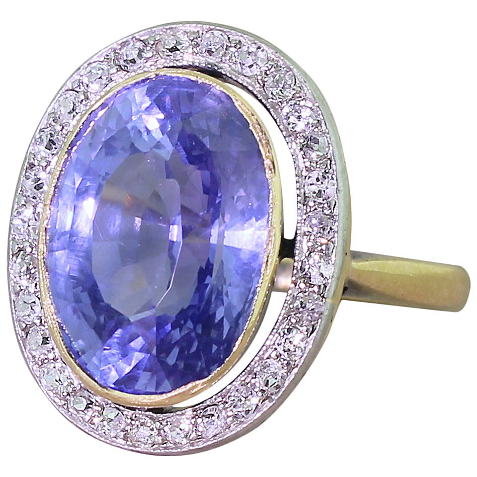 Early 20th Century 8.80 Carat Ceylon Sapphire Old Cut Diamond Gold Ring