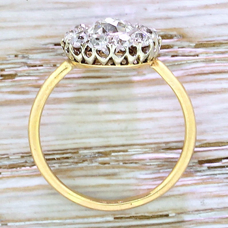 Women's Early 20th Century 1.95 Carat Old Cut Diamond Gold Target Cluster Ring