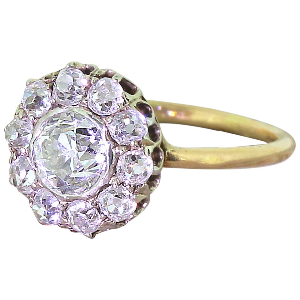 Early 20th Century 1.95 Carat Old Cut Diamond Gold Target Cluster Ring